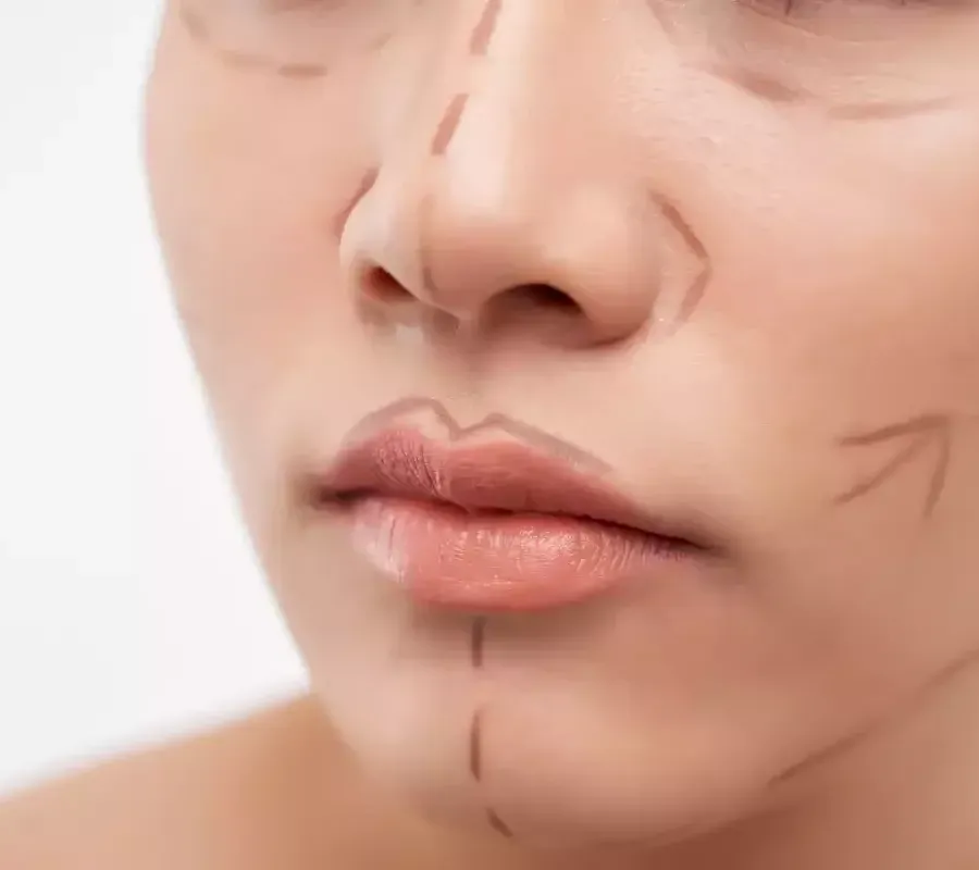 Face with cosmetic surgery markings for Treatments for Double Chin, highlighting areas for improvement.