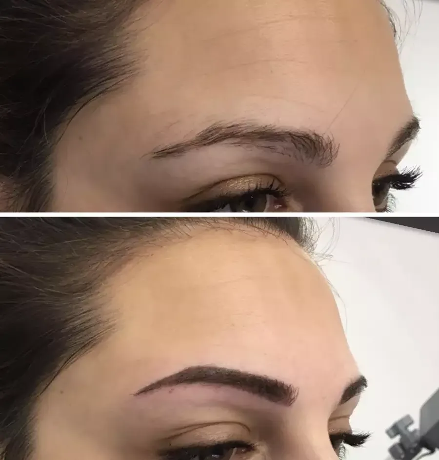 Αποτελέσματα microblading στα φρύδια πριν και μετά την εφαρμογή.