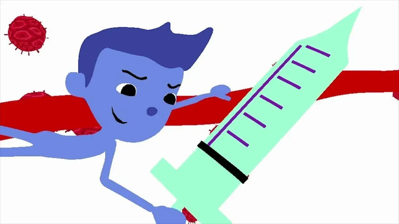 HPV Εμβόλιο : Έγκριση για την χορήγηση του για ηλικίες έως 45 ετών: καρτούν με σύριγγα να καταπολεμά ιό